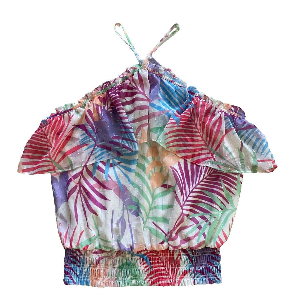 Ramy Brook Jules Top M Tropical Palm Leaf Halter Neck Shimmering Clip Dots $295